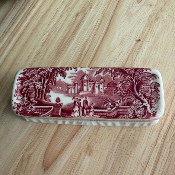 Vintage Masons Vista Red Pink Ironstone Covered Butter Dish England Landscape - Picture 8 of 12